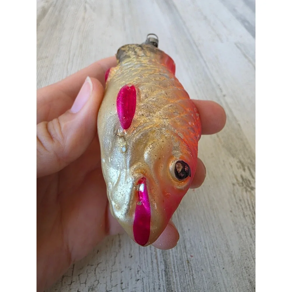 Antique AS IS fish Mercury pink glass ornament Xmas tree Fisher nautical